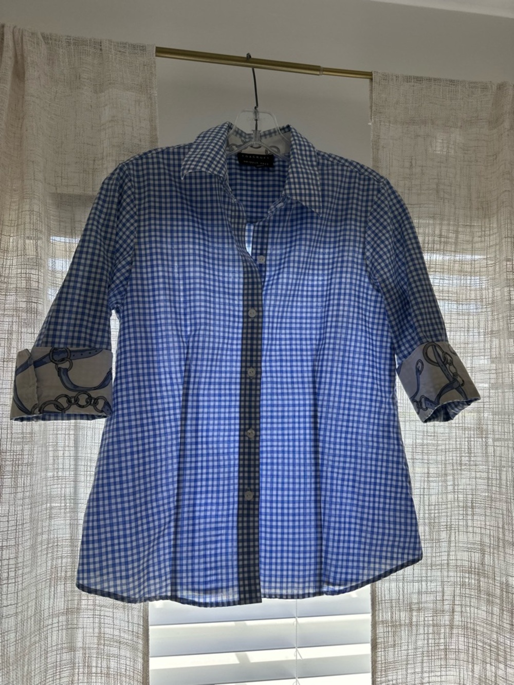 Foxcroft Size 6P Blue Gingham Button-Front with Equestrian